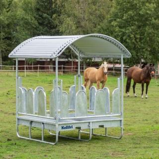 Kellfri FEEDER WITH ROOF AND COVERED TOMBSTONE RAILINGS FOR HORSES